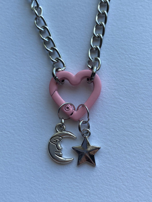 pink celestial heart carabiner necklace