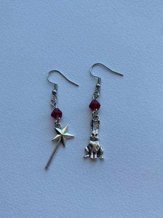 wand & rabbit earrings - red flowers